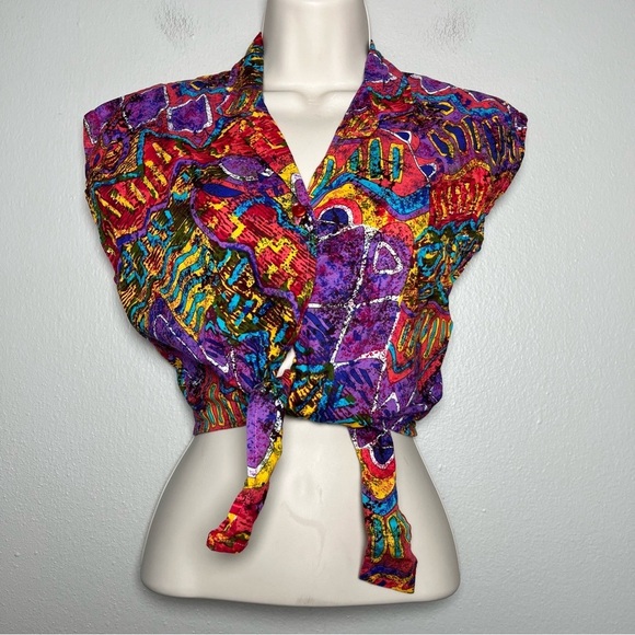 VTG Hilo Hattie Women Top XS Pink Birds of Paradise Tie Front Cap Sleeve Art 80s - Picture 1 of 10